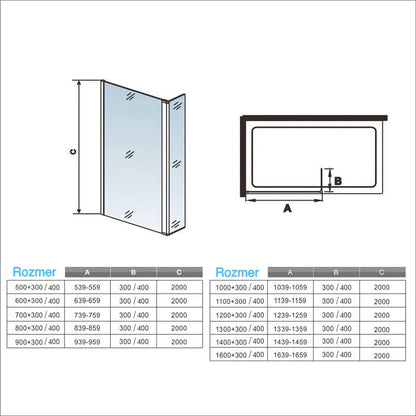 AICA Sprchová zástena WALK IN PATERN08BP70, veľkosť od 70-140cm, 8mm NANO sklo, 30/40cm otočný panel, vzpera 70-120cm, Výška 200cm