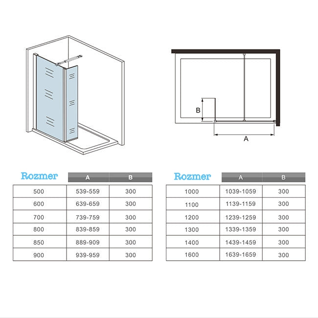 AICA Sprchový kút WALK IN CLEAR08CH30P, sprchová zástena, veľkosti od 50-160cm, 8mm NANO sklo, 30cm otočný panel, vzpera rôzne, Výška 200cm