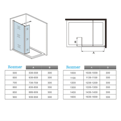 AICA Sprchový kút WALK IN CLEAR08CH30P, sprchová zástena, veľkosti od 50-160cm, 8mm NANO sklo, 30cm otočný panel, vzpera rôzne, Výška 200cm