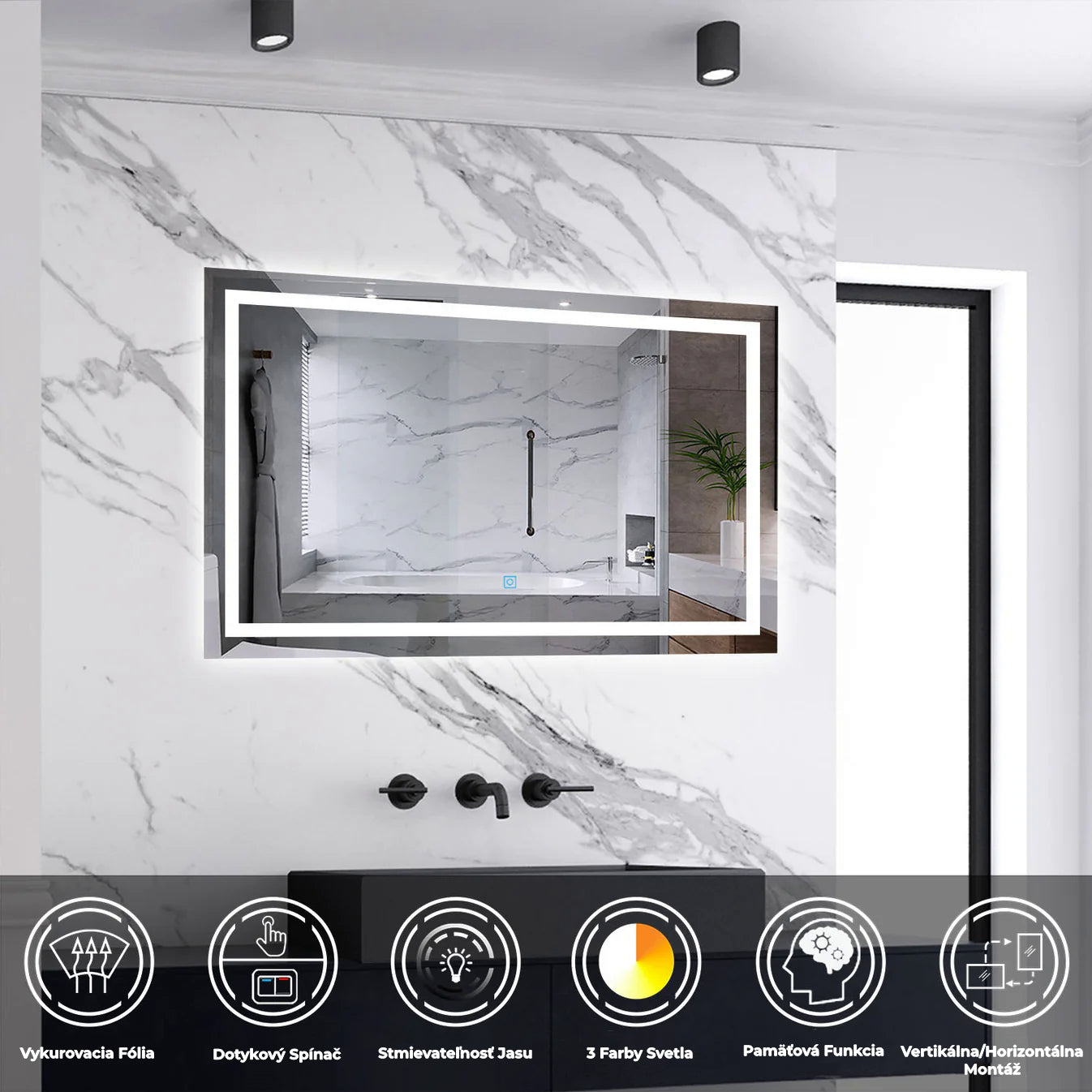 AICA Kúpeľňové LED zrkadlo J-HDS13, veľkosť od 50-160 cm, vykurovacia fólia, 3 farby svetla, pamäťová funkcia, stmievateľné