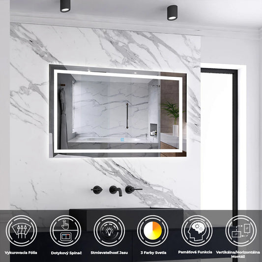 AICA Kúpeľňové LED zrkadlo J-HDS13, veľkosť od 50-160 cm, vykurovacia fólia, 3 farby svetla, pamäťová funkcia, stmievateľné