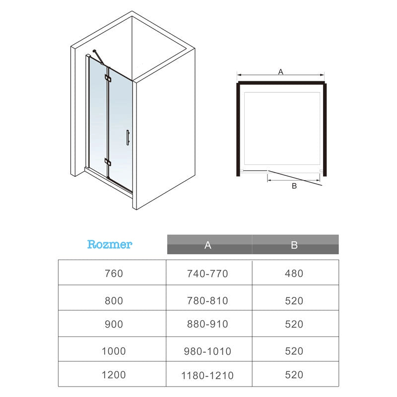 AICA Sprchove dvere jednokrídlové do niky HK-2E, veľkosť od 70-120cm, otočné dvere, 6mm nano sklo, Výška 195cm