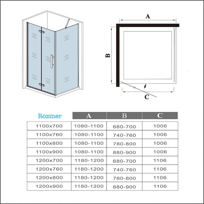 AICA Sprchový kút obdĺžnikový HPK-2E-WAP-R, bočný panel, zalamovacie dvere, veľkosť od 70-120cm, 6mm NANO sklo, Výška 185cm