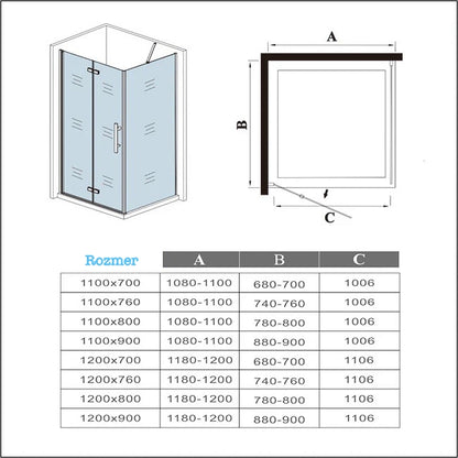 AICA Sprchový kút obdĺžnikový HPK-2E-WAP-R, bočný panel, zalamovacie dvere, veľkosť od 70-120cm, 6mm NANO sklo, Výška 185cm