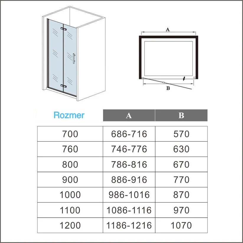 AICA Sprchové dvere zalamovacie/skladacie HPK-2E, veľkosť od 70-120cm, dvere do niky, sprchový kút, NANO SKLO, Výška 185cm