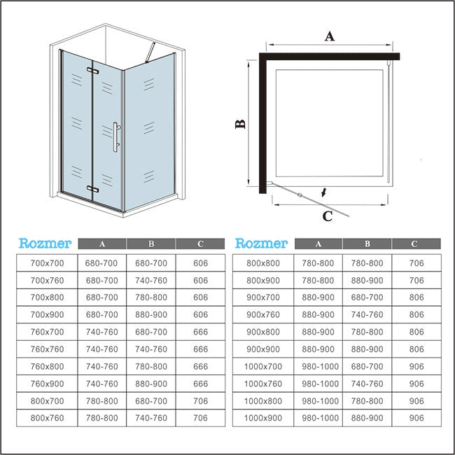 AICA Sprchový kút štvorcový HPK-2E-95WAP-S, bočný panel, veľkosť od 70-90cm, sprchové dvere zalamovacie, 6mm NANO sklo, Výška 195cm