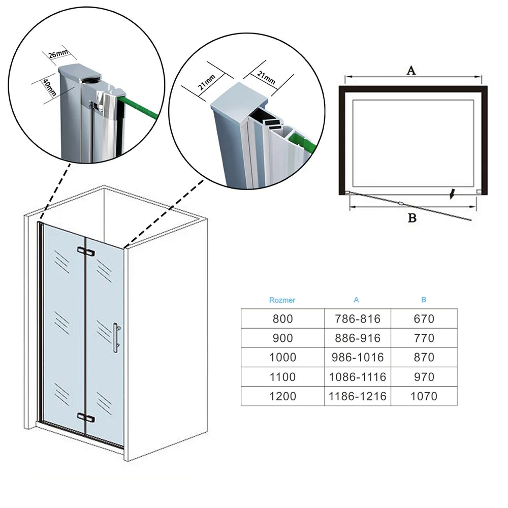 AICA Sprchové dvere zalamovacie HPKB-2E-95, do niky, veľkosť od 70-120cm, sprchový kút, 6mm NANO sklo, Výška 195cm