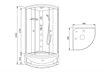 Masážny sprchový box 80x80 s posuvnými dverami, grafitové tvrdené bezpečnostné sklo, 3 masážne trysky, tropická stropná sprcha, ručná sprcha, štvrťkruhový dizajn, akrylátová vanička, LED osvetlenie, ventilátor, rádio, reproduktor, moderný sprchový kút.