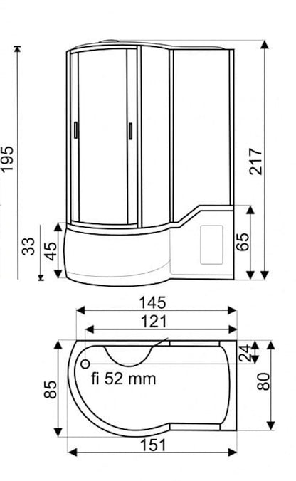 Masážny sprchový box 151x85 s posuvnými dverami, grafitové tvrdené bezpečnostné sklo, 8 masážnych trysiek, masáž nôh, tropická stropná sprcha, ručná sprcha, dotykový ovládací panel, integrované sedadlo, rádio, ventilátor, LED osvetlenie, moderný sprchový kút s vanou