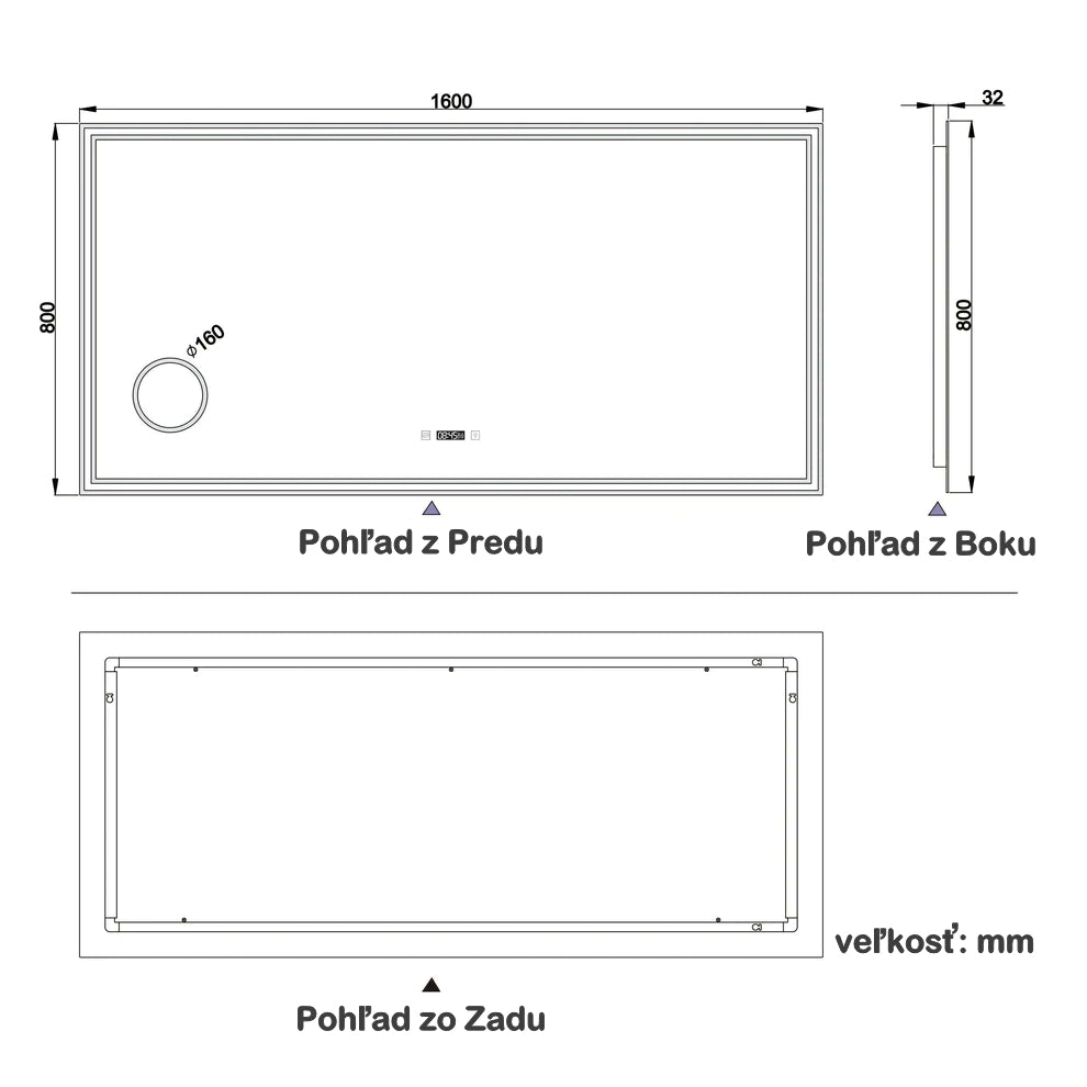 AICA Kúpeľňové zrkadlo J-HD140XTM-L, veľkosť od 80-160 cm, s LED osvetlením a vyhrievaním, hodiny, 3x zväčšenie make-up zrkadlo, 3 farby svetla, dotykové