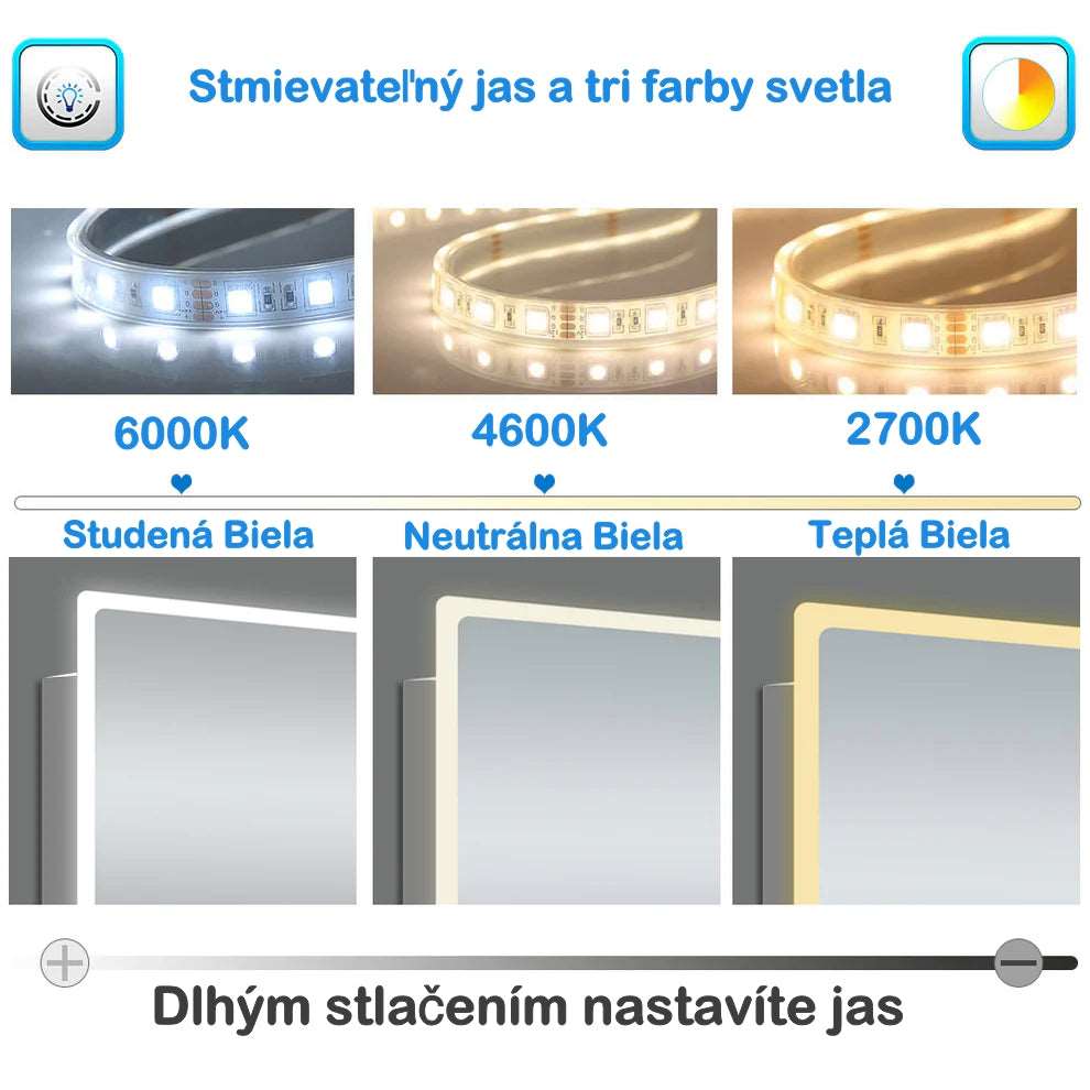 AICA Kúpeľňové zrkadlo J-HD140XTM-L, veľkosť od 80-160 cm, s LED osvetlením a vyhrievaním, hodiny, 3x zväčšenie make-up zrkadlo, 3 farby svetla, dotykové