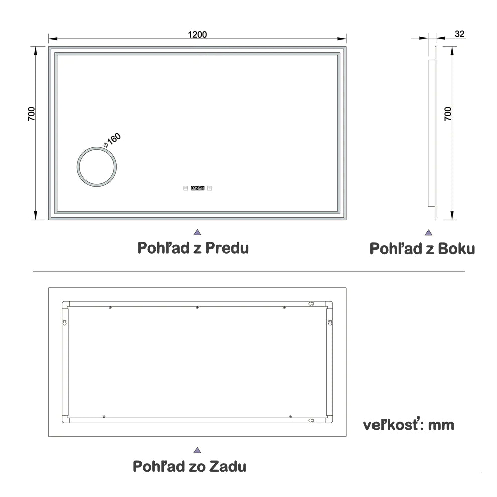 AICA Kúpeľňové zrkadlo J-HD140XTM-L, veľkosť od 80-160 cm, s LED osvetlením a vyhrievaním, hodiny, 3x zväčšenie make-up zrkadlo, 3 farby svetla, dotykové