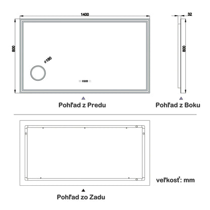 AICA Kúpeľňové zrkadlo J-HD140XTM-L, veľkosť od 80-160 cm, s LED osvetlením a vyhrievaním, hodiny, 3x zväčšenie make-up zrkadlo, 3 farby svetla, dotykové