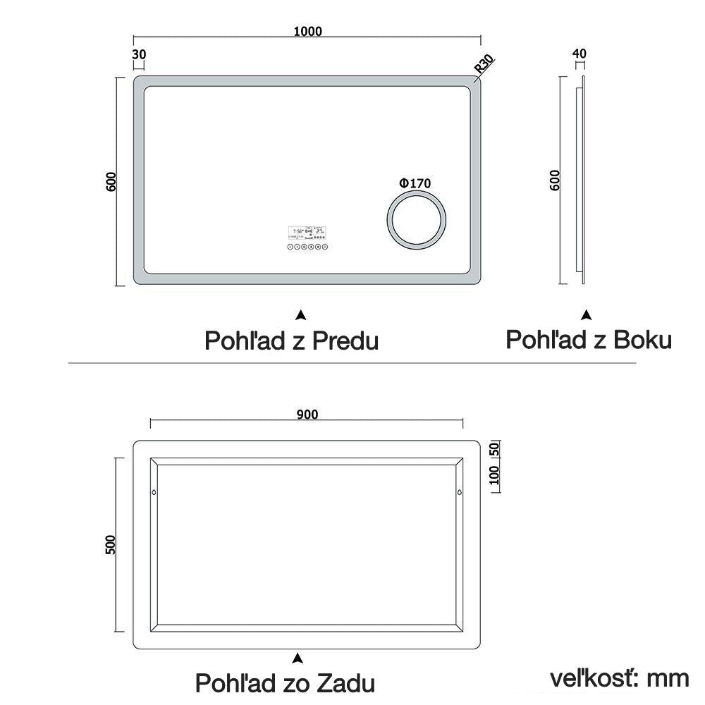 AICA Kúpeľňové zrkadlo J-HD150XBM, veľkosť od 80-160 cm, s LED osvetlením a vyhrievaním, 2 farby svetla, Bluetooth, hodiny, 3x zväčšenie kozmetické zrkadlo, dotykové