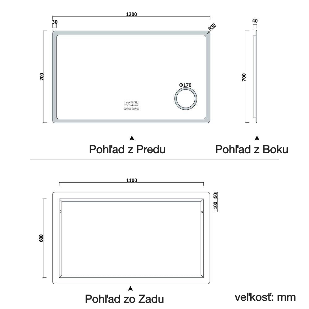 AICA Kúpeľňové zrkadlo J-HD150XBM, veľkosť od 80-160 cm, s LED osvetlením a vyhrievaním, 2 farby svetla, Bluetooth, hodiny, 3x zväčšenie kozmetické zrkadlo, dotykové