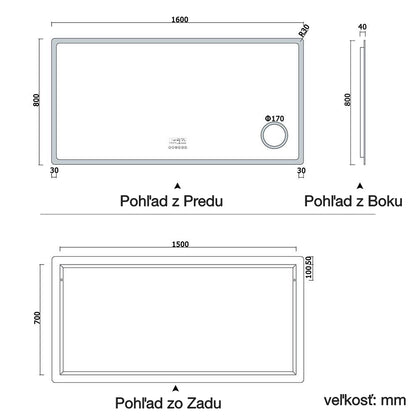 AICA Kúpeľňové zrkadlo J-HD150XBM, veľkosť od 80-160 cm, s LED osvetlením a vyhrievaním, 2 farby svetla, Bluetooth, hodiny, 3x zväčšenie kozmetické zrkadlo, dotykové