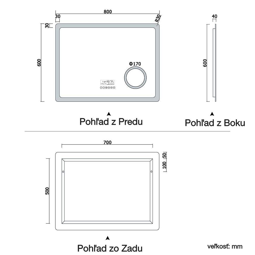 AICA Kúpeľňové zrkadlo J-HD150XBM, veľkosť od 80-160 cm, s LED osvetlením a vyhrievaním, 2 farby svetla, Bluetooth, hodiny, 3x zväčšenie kozmetické zrkadlo, dotykové