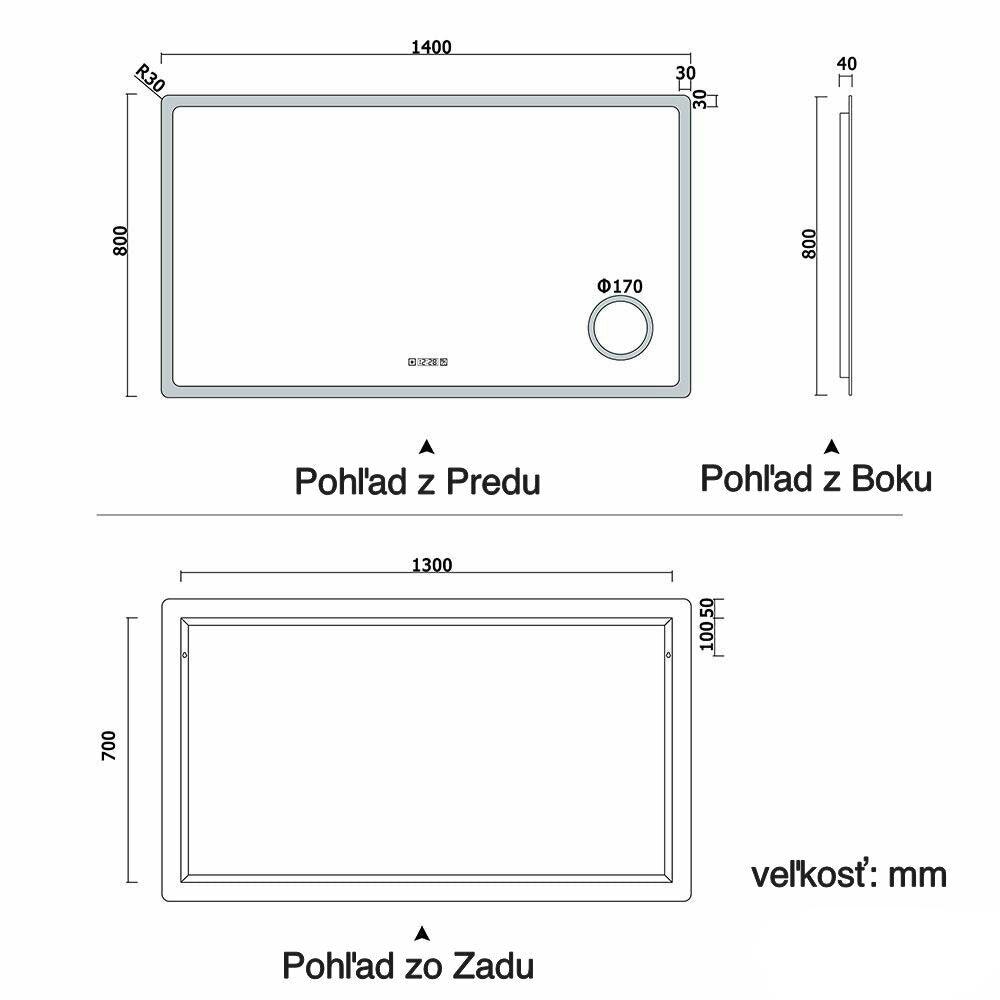 AICA Kúpeľňové zrkadlo J-HD150XTM, veľkosť od 80-160 cm, multifunkčné, s hodinami, dotykové, s vyhrievaním, 3x zväčšenie kozmetické zrkadlo