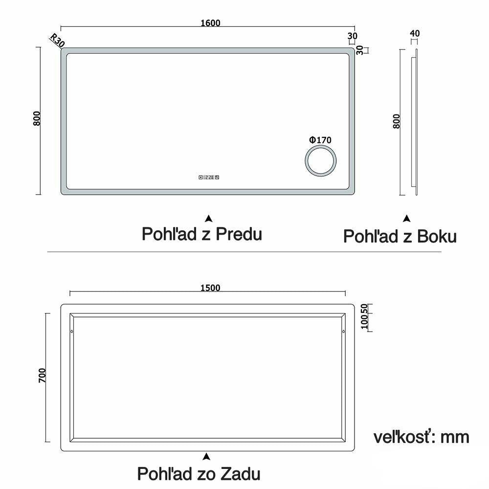 AICA Kúpeľňové zrkadlo J-HD150XTM, veľkosť od 80-160 cm, multifunkčné, s hodinami, dotykové, s vyhrievaním, 3x zväčšenie kozmetické zrkadlo