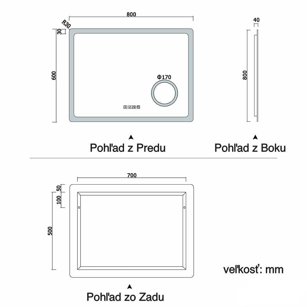 AICA Kúpeľňové zrkadlo J-HD150XTM, veľkosť od 80-160 cm, multifunkčné, s hodinami, dotykové, s vyhrievaním, 3x zväčšenie kozmetické zrkadlo