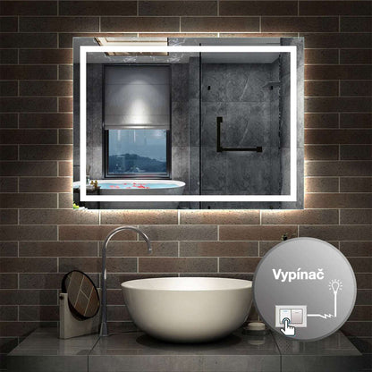 LED kúpeľňové zrkadlo s osvetlením a vyhrievaním, vertikálna montáž, studená biela farba 6000K, moderný dizajn vhodný do vlhkých miestností, ekologické HD zrkadlové sklo.
