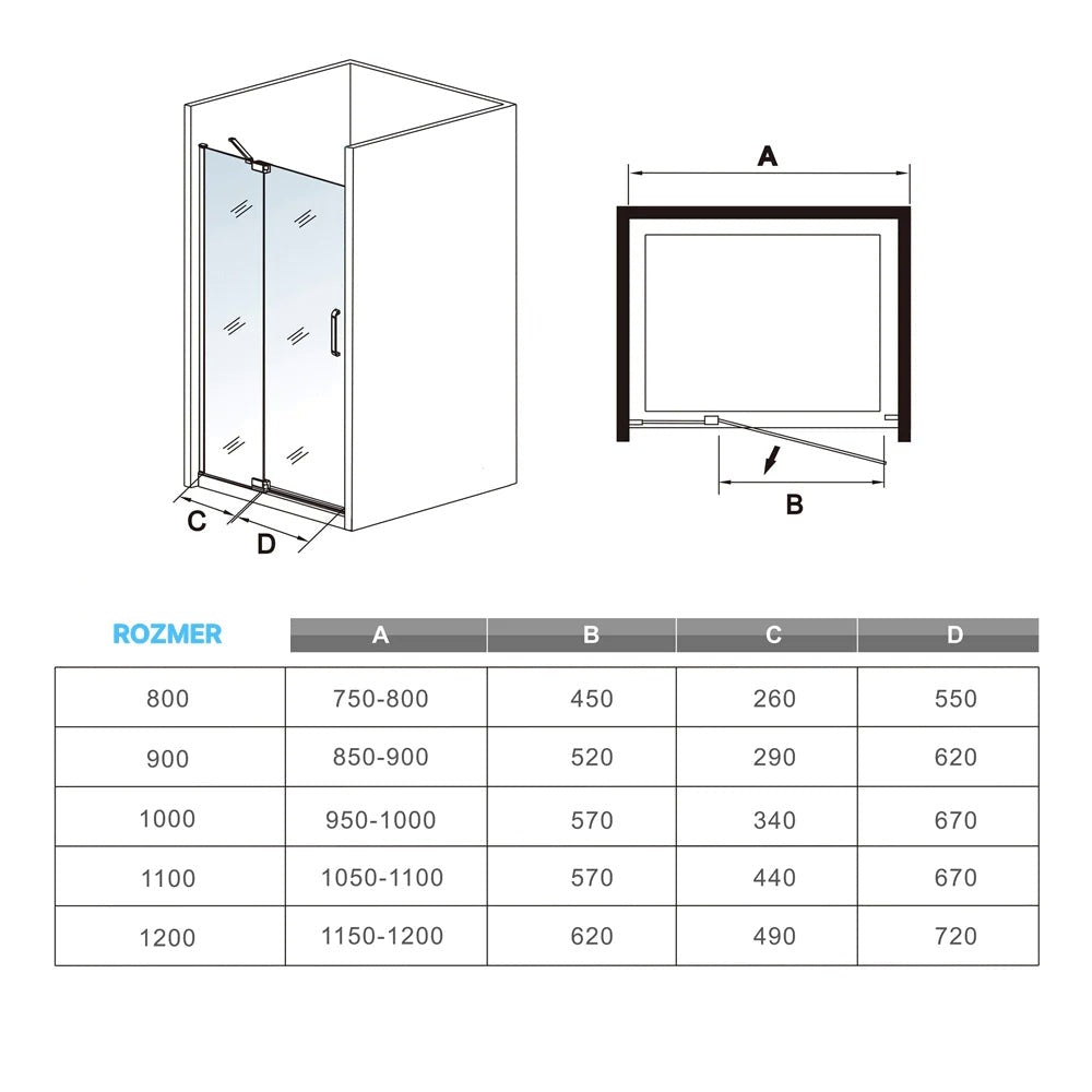 AICA Sprchové dvere jednokrídlové do niky P3GB-E-95, veľkosť od 80-120cm, sprchový kút, 8mm NANO sklo, čierna, Výška 195cm