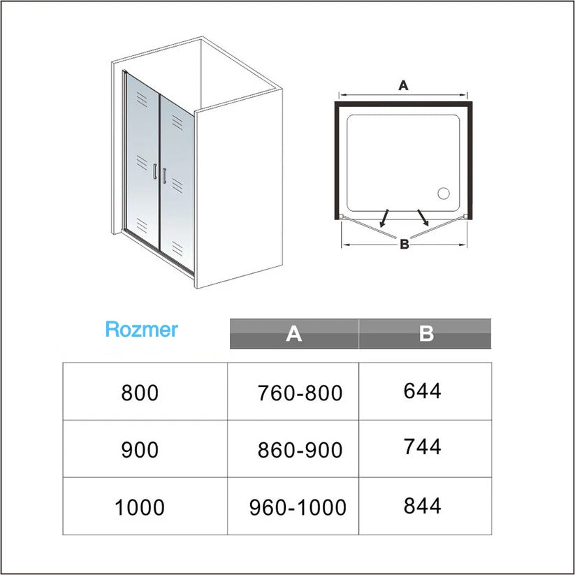 AICA Sprchové dvere dvojkrídlové PXB2-E-20, do niky, 80/90/100cm, sprchový kút krídlové dvere, 8mm NANO sklo, Výška 200cm