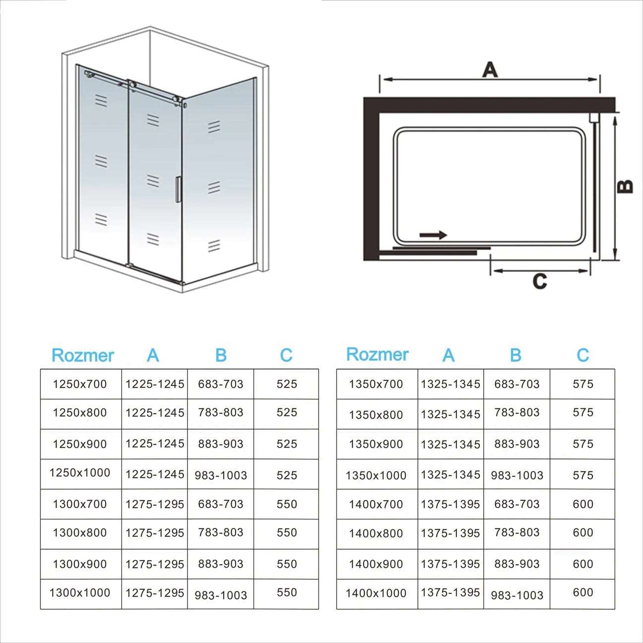 Sprchový kút s posuvnými dverami, 8mm NANO sklo, chrómový profil, bočný panel, veľkosti od 100-160 cm, výška 195 cm.