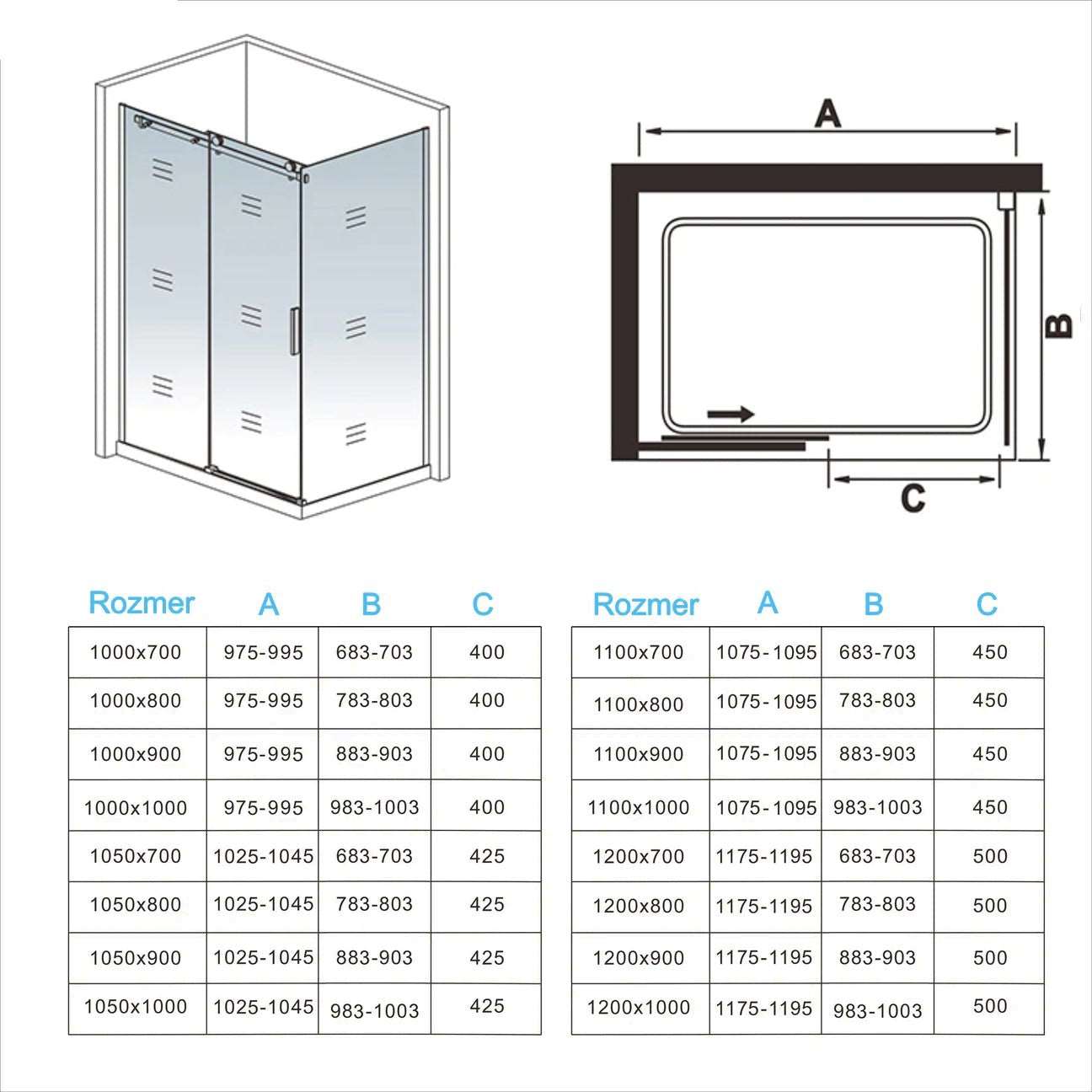 Sprchový kút s posuvnými dverami, 8mm NANO sklo, chrómový profil, bočný panel, veľkosti od 100-160 cm, výška 195 cm.