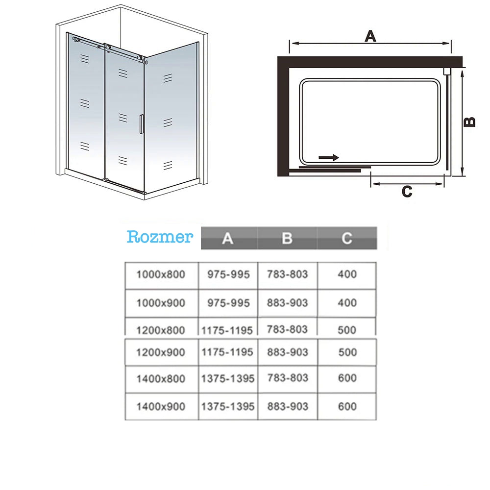 AICA Sprchový kút obdĺžnikový SKB-2E-20-8SPKLB-R, posuvné dvere, bočný panel, veľkosť od 100-140cm, NANO sklo 8mm, Výška 200cm