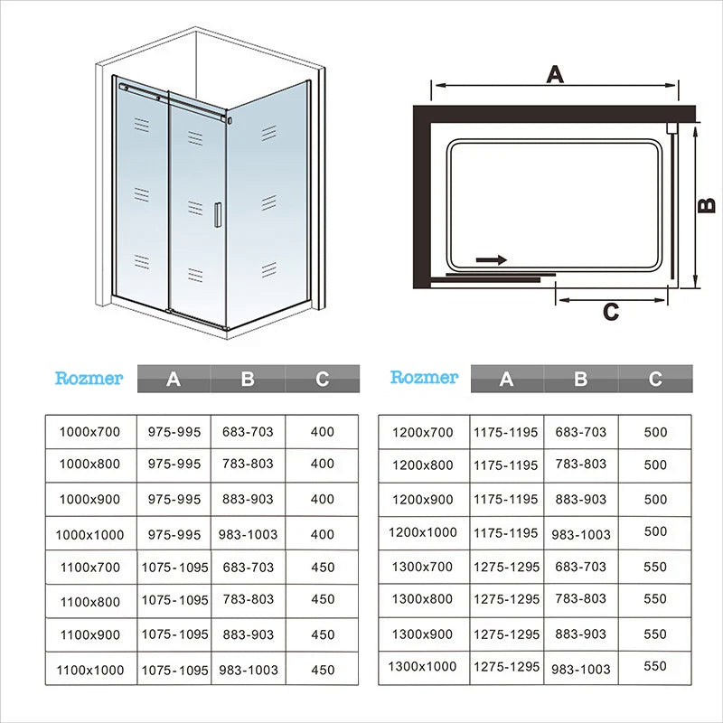 AICA Sprchový kút obdĺžnikový SL-2N-95SPKL-R, bočný panel, posuvné dvere veľkosť od 100-160cm, 6mm NANO sklo, Výška 195 cm