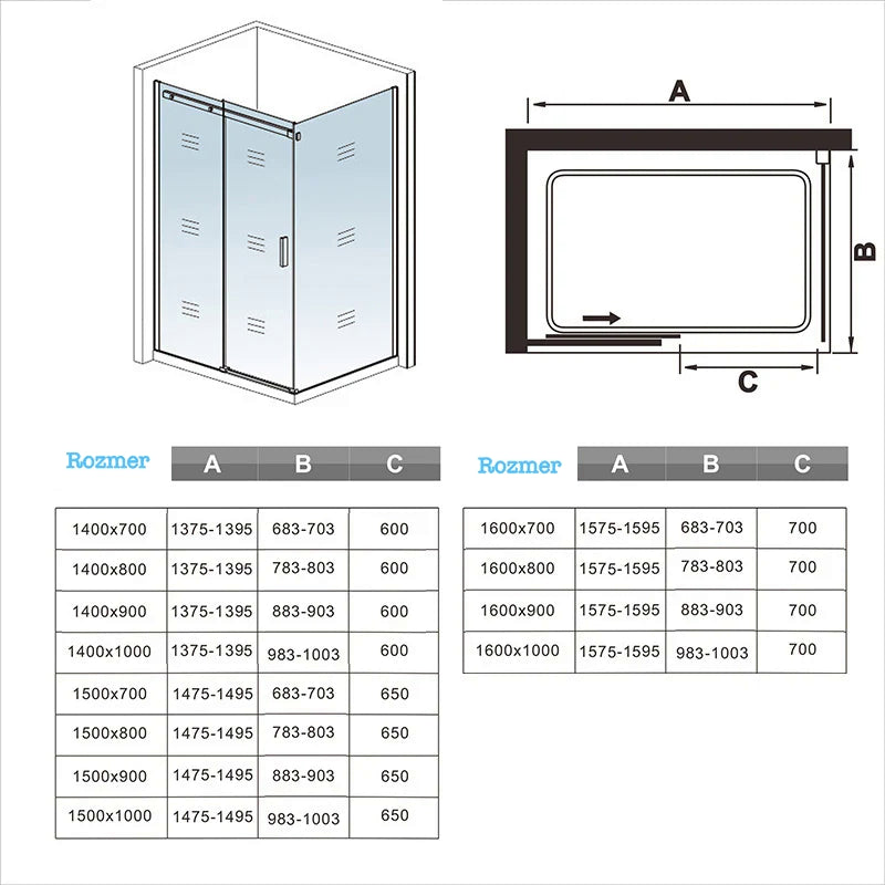 AICA Sprchový kút obdĺžnikový SL-2N-95SPKL-R, bočný panel, posuvné dvere veľkosť od 100-160cm, 6mm NANO sklo, Výška 195 cm