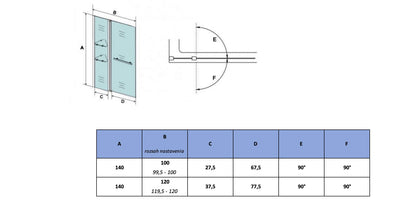 AICA Vaňová zástena sklopná V2S-HC, veľkosť od 100-120cm, vešiak na uterák, poličky, 6mm NANO, sklo Výška 140cm