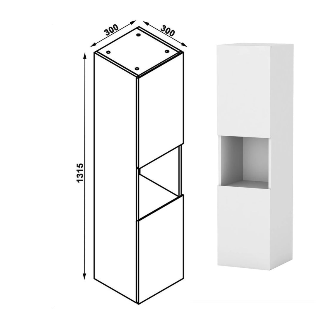 Kúpeľňová vysoká skrinka biela závesná s funkciou soft close, moderný dizajn, materiál MDF, univerzálna montáž dvierok