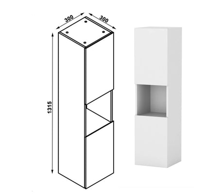 Kúpeľňová vysoká skrinka biela závesná s funkciou soft close, moderný dizajn, materiál MDF, univerzálna montáž dvierok