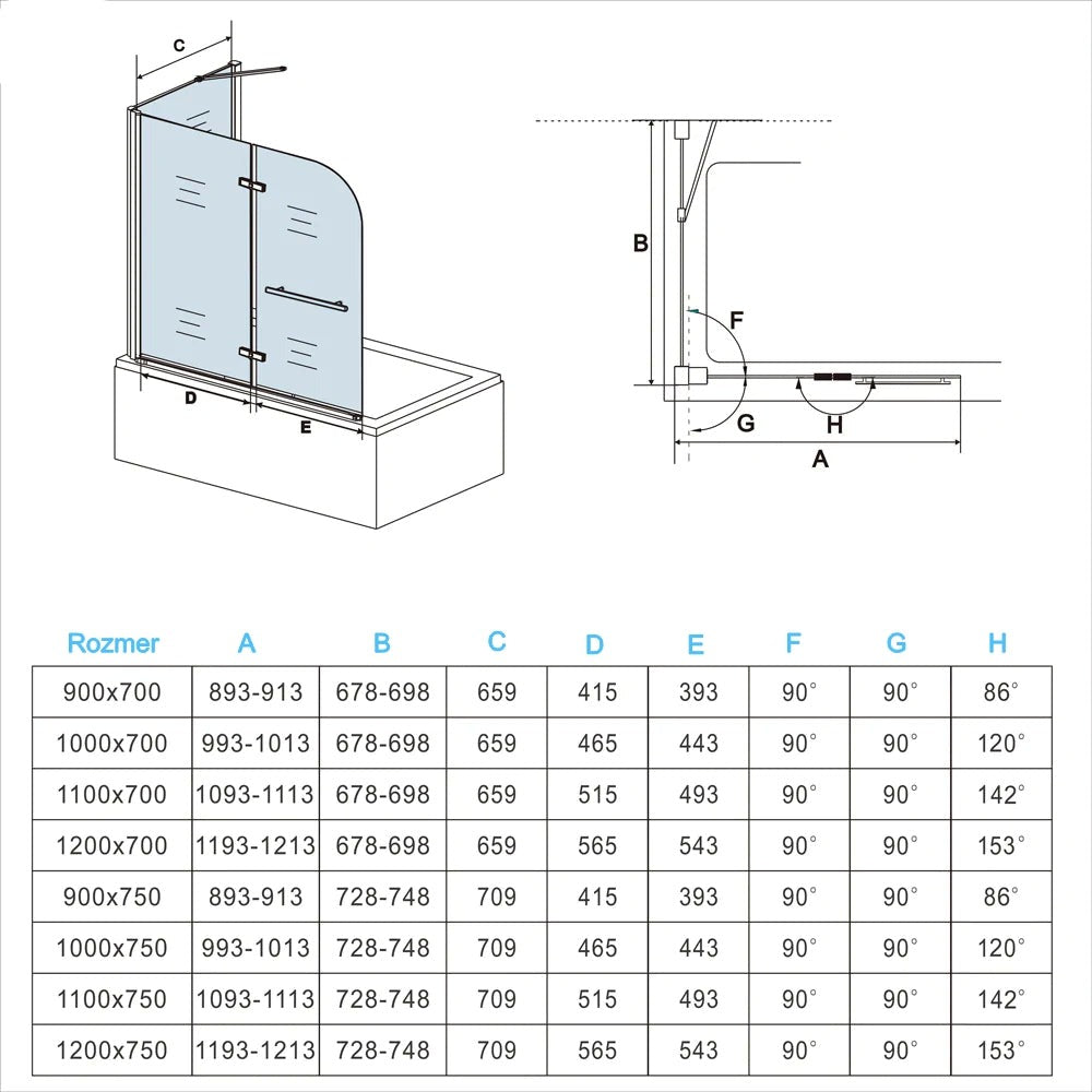 AICA Vaňová zástena sklopná VS2E-HSPVS, 2-dielna, veľkosť od 95-120cm, bočný panel, NANO 6mm sklo, vešiak na uterák, Výška 140cm