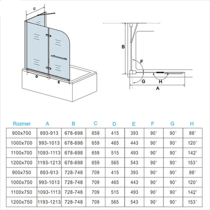 AICA Vaňová zástena sklopná VS2E-HSPVS, 2-dielna, veľkosť od 95-120cm, bočný panel, NANO 6mm sklo, vešiak na uterák, Výška 140cm