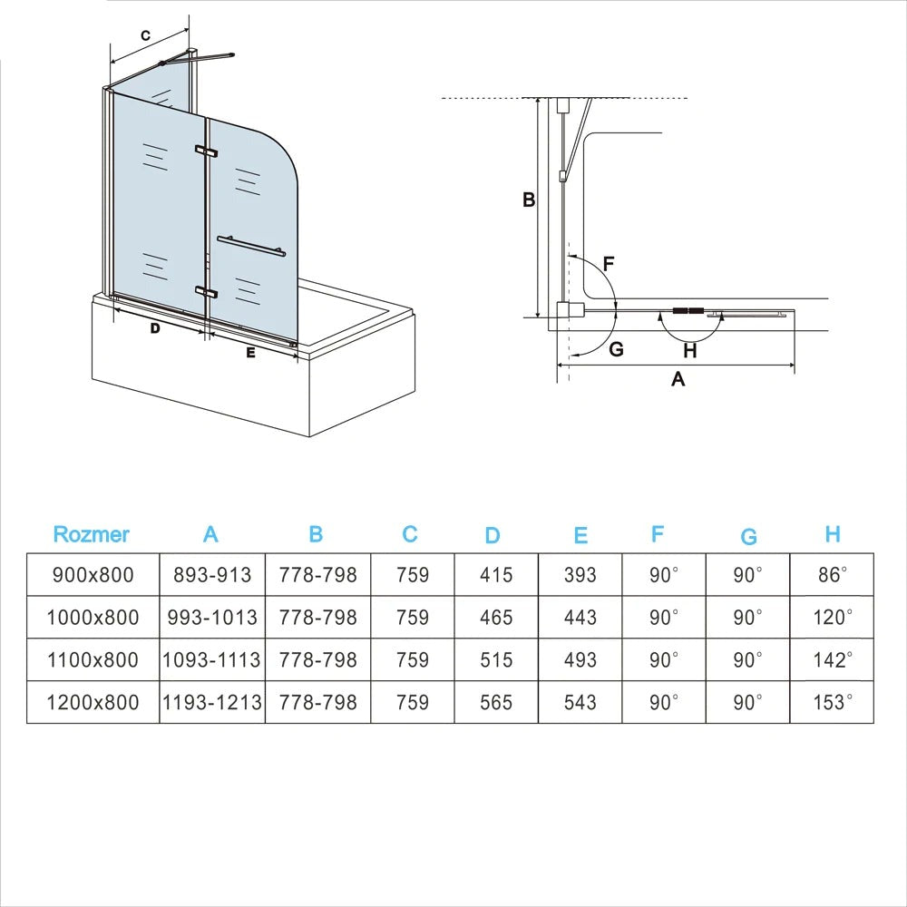 AICA Vaňová zástena sklopná VS2E-HSPVS, 2-dielna, veľkosť od 95-120cm, bočný panel, NANO 6mm sklo, vešiak na uterák, Výška 140cm