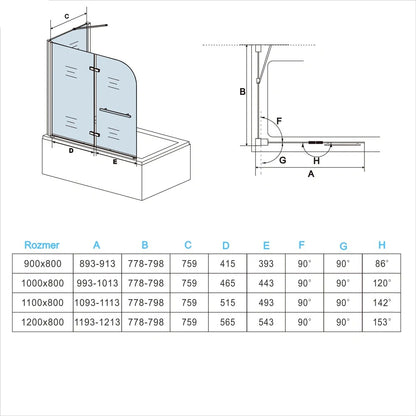 AICA Vaňová zástena sklopná VS2E-HSPVS, 2-dielna, veľkosť od 95-120cm, bočný panel, NANO 6mm sklo, vešiak na uterák, Výška 140cm