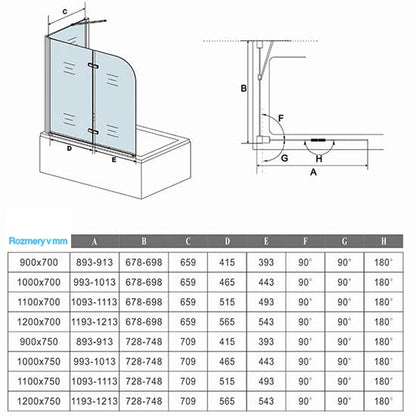 AICA Vaňová zástena sklopná VS2E-12YSPVS, 2-dielna, bočný panel, NANO 6mm sklo, Výška 140cm