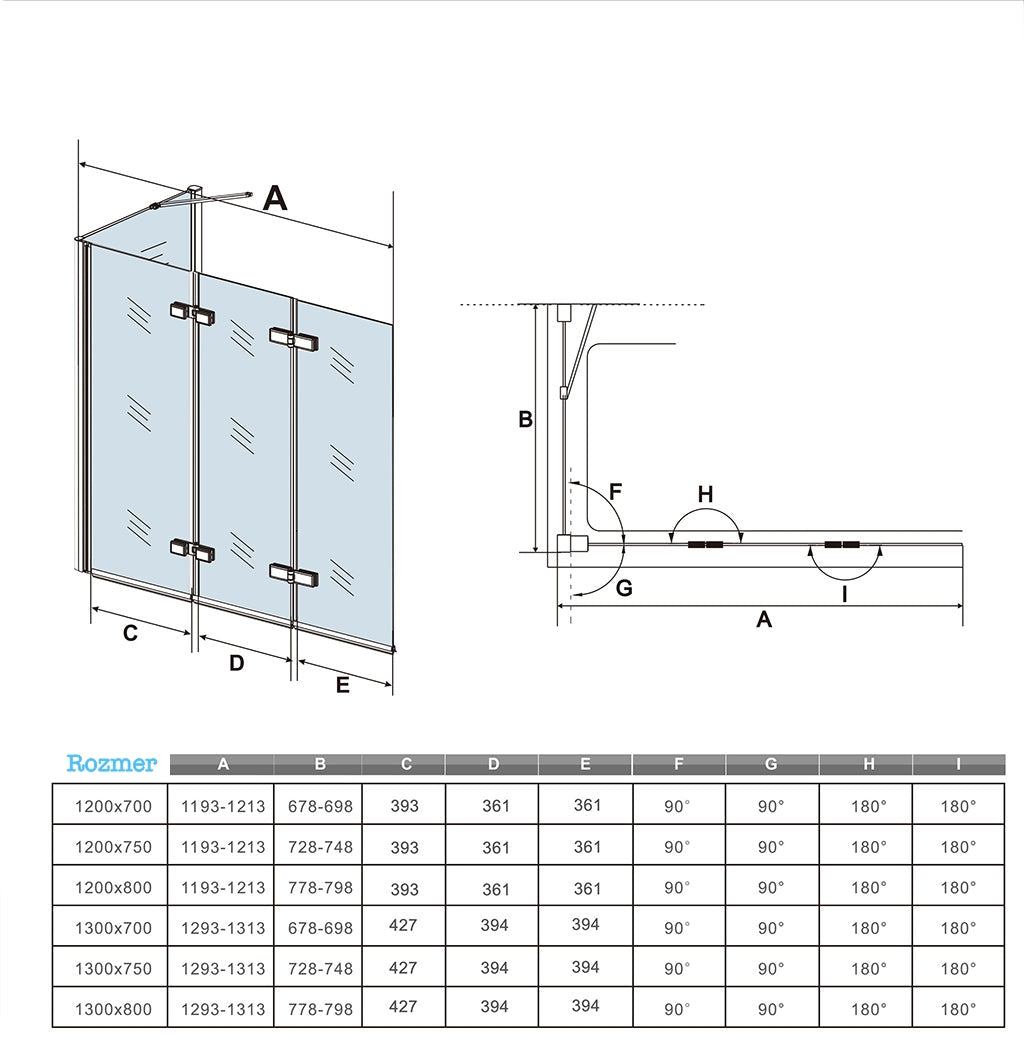 Vaňová zástena sklopná, bočný panel, 6mm NANO sklo, Výška 140cm, čierna