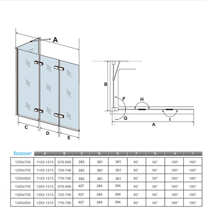 Vaňová zástena sklopná, bočný panel, 6mm NANO sklo, Výška 140cm, čierna