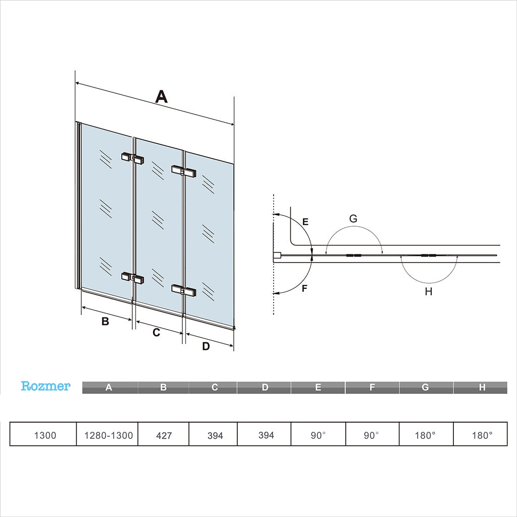 AICA Vaňová zástena sklopná čierna VS3E-13B, 3-dielna, 130x140cm, 6mm NANO sklo