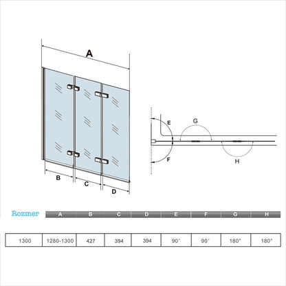 AICA Vaňová zástena sklopná čierna VS3E-13B, 3-dielna, 130x140cm, 6mm NANO sklo