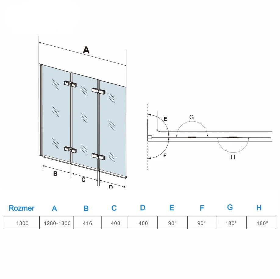 AICA Vaňová zástena sklopná VS3E-13, 130x140cm, otočná, 3-dielna, NANO sklo 6mm