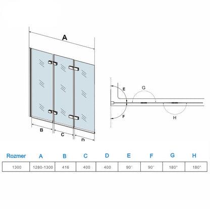 AICA Vaňová zástena sklopná VS3E-13, 130x140cm, otočná, 3-dielna, NANO sklo 6mm