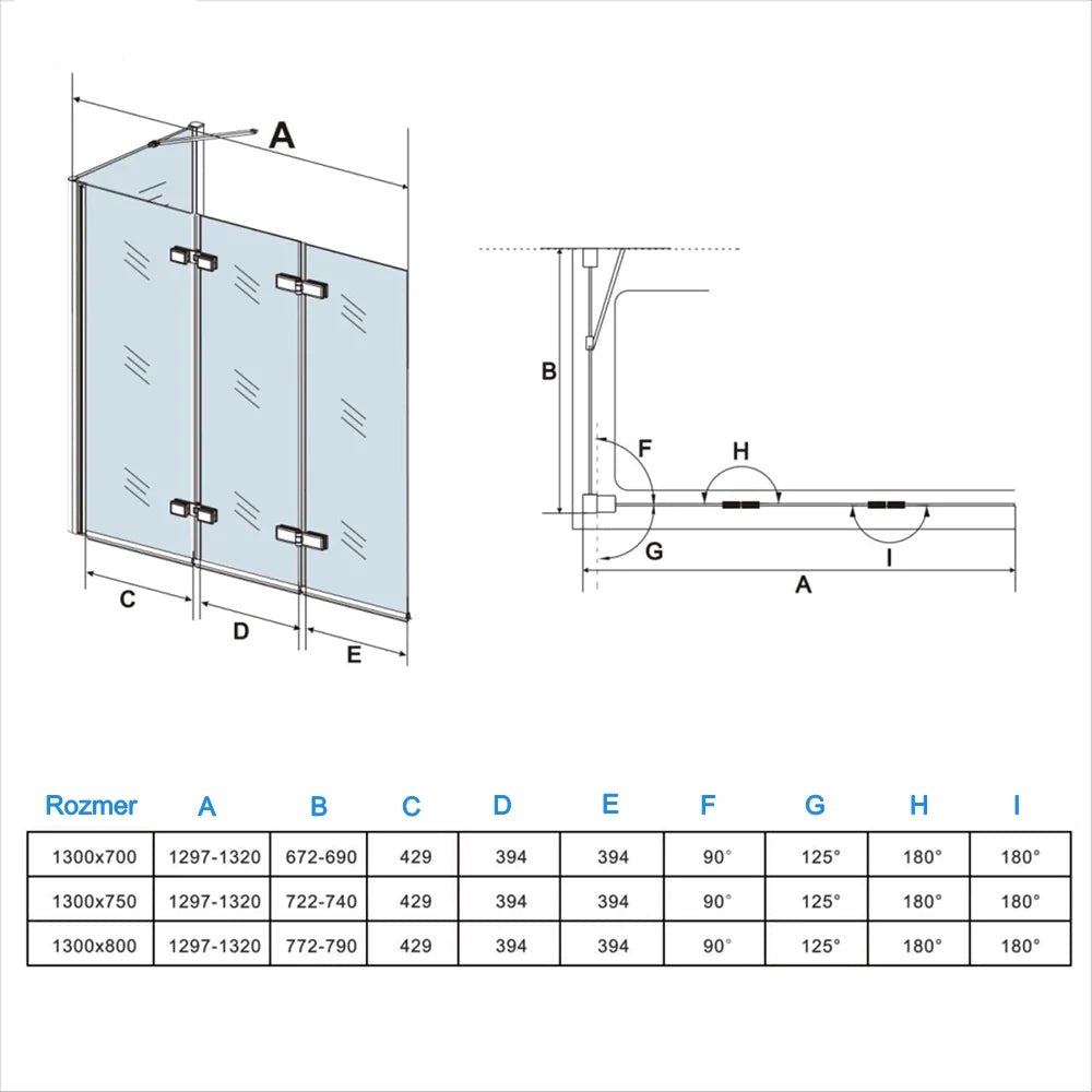 AICA Vaňová zástena sklopná VS3E-13SPVS2E, 3-dielna, bočný panel, NANO 6mm sklo, Výška 140cm