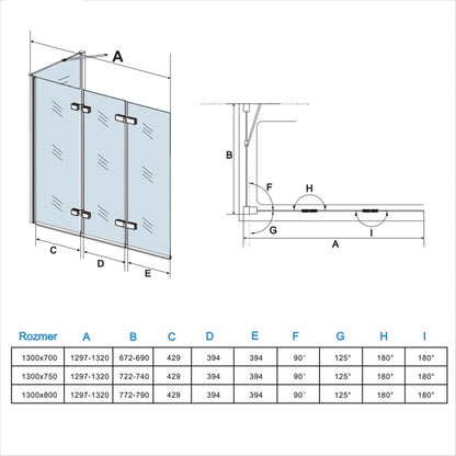 AICA Vaňová zástena sklopná VS3E-13SPVS2E, 3-dielna, bočný panel, NANO 6mm sklo, Výška 140cm