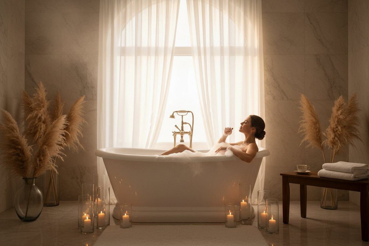 Luxusná kúpeľňa s voľne stojacou vaňou, relaxačným kúpeľom a atmosférickým osvetlením. Moderný kúpeľňový dizajn s wellness prvkami pre dokonalý oddych. Ideálne riešenie pre elegantné a štýlové kúpeľne.