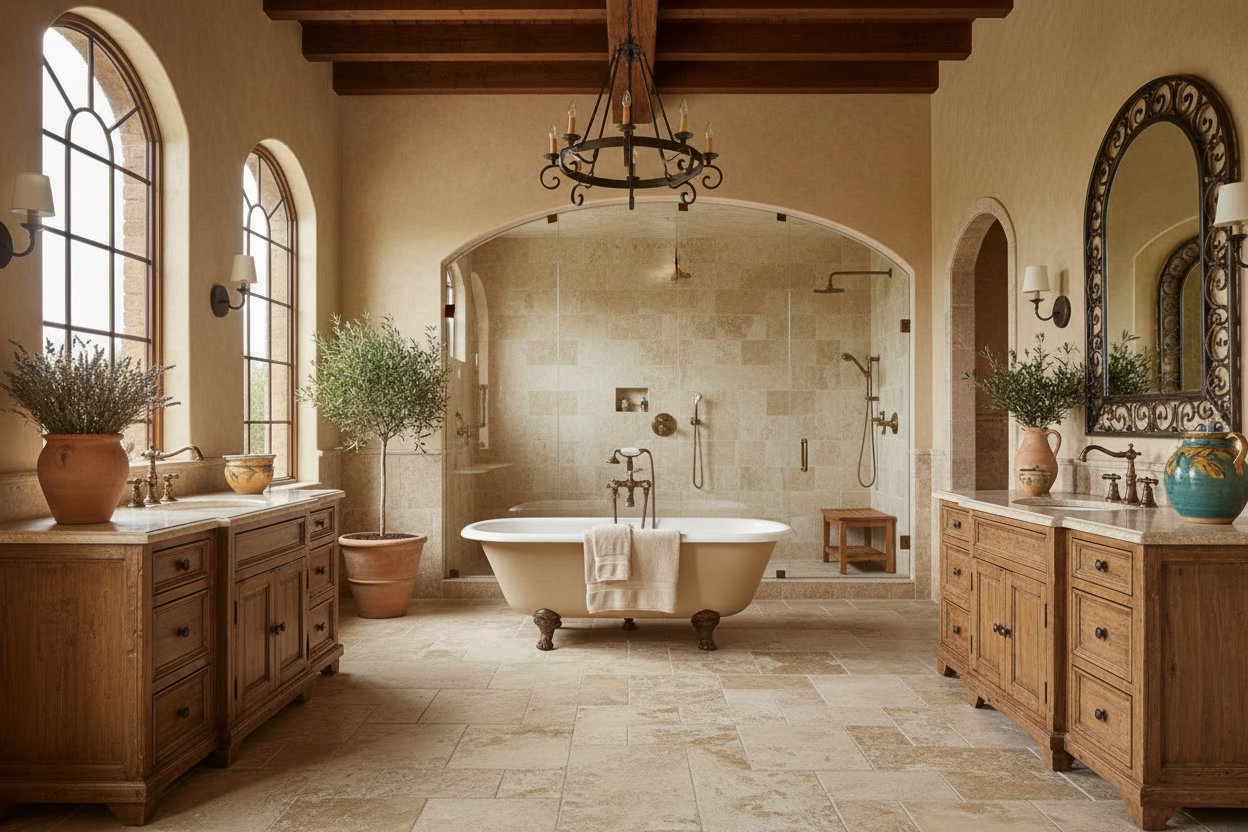 Voľne stojaca vaňa do modernej kúpeľne s nádychom rustikálnosti, taliansky štýl, aj Toskánsko má svoje čaro